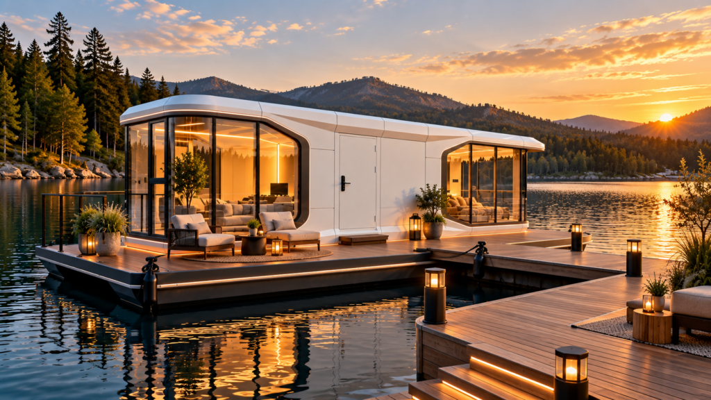 Futuristisches Hausboot im goldenen Abendlicht