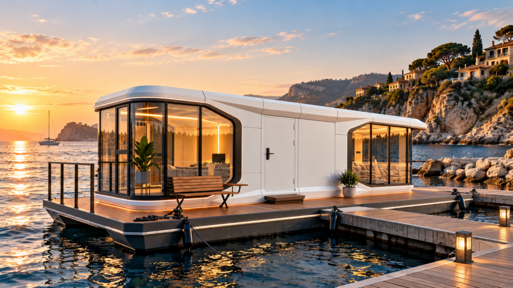 Futuristisches Hausboot im goldenen Sonnenuntergang