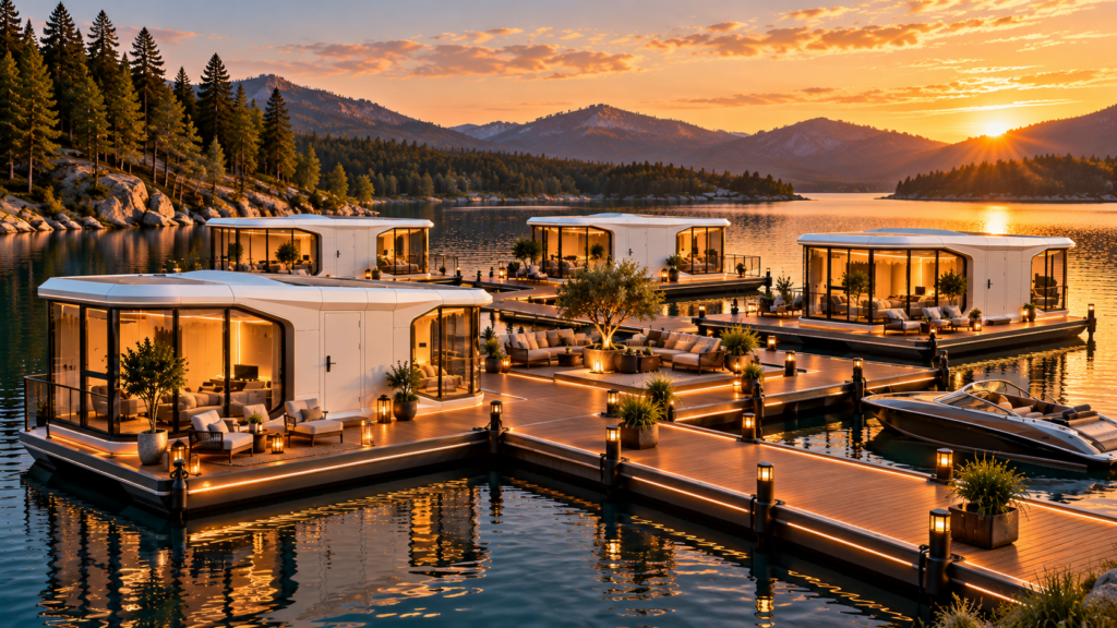 Luxuriöses schwimmendes Resort im Sonnenuntergang