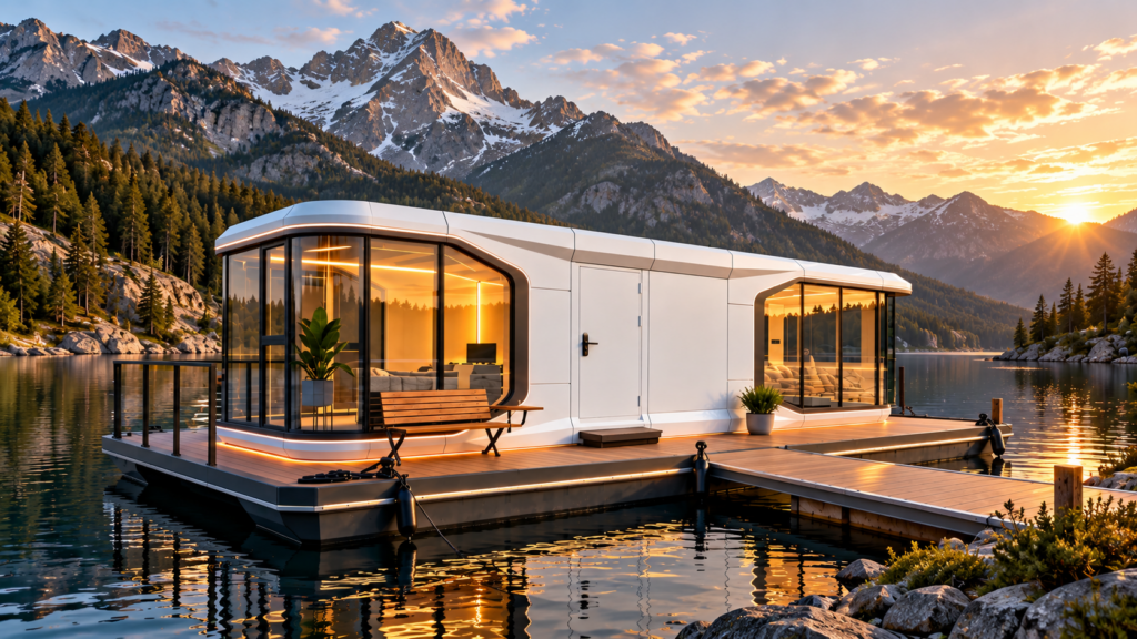 Schwimmendes Designhaus im Alpenlicht