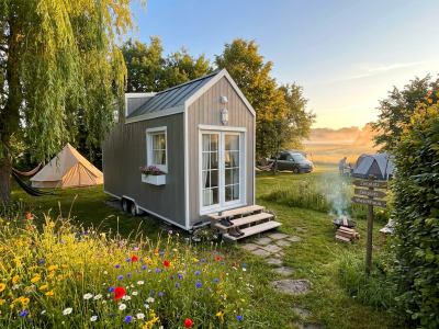 Firefly_Gemini Flash_In campingplatz einbetten, sommerliche Farben und natur, morgenstimmung 456282